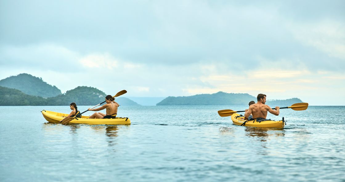 A Group Of People In Kayaks On A Body Of Water