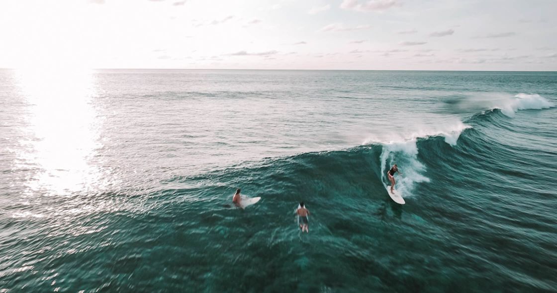 A Group Of Surfers Riding A Wave