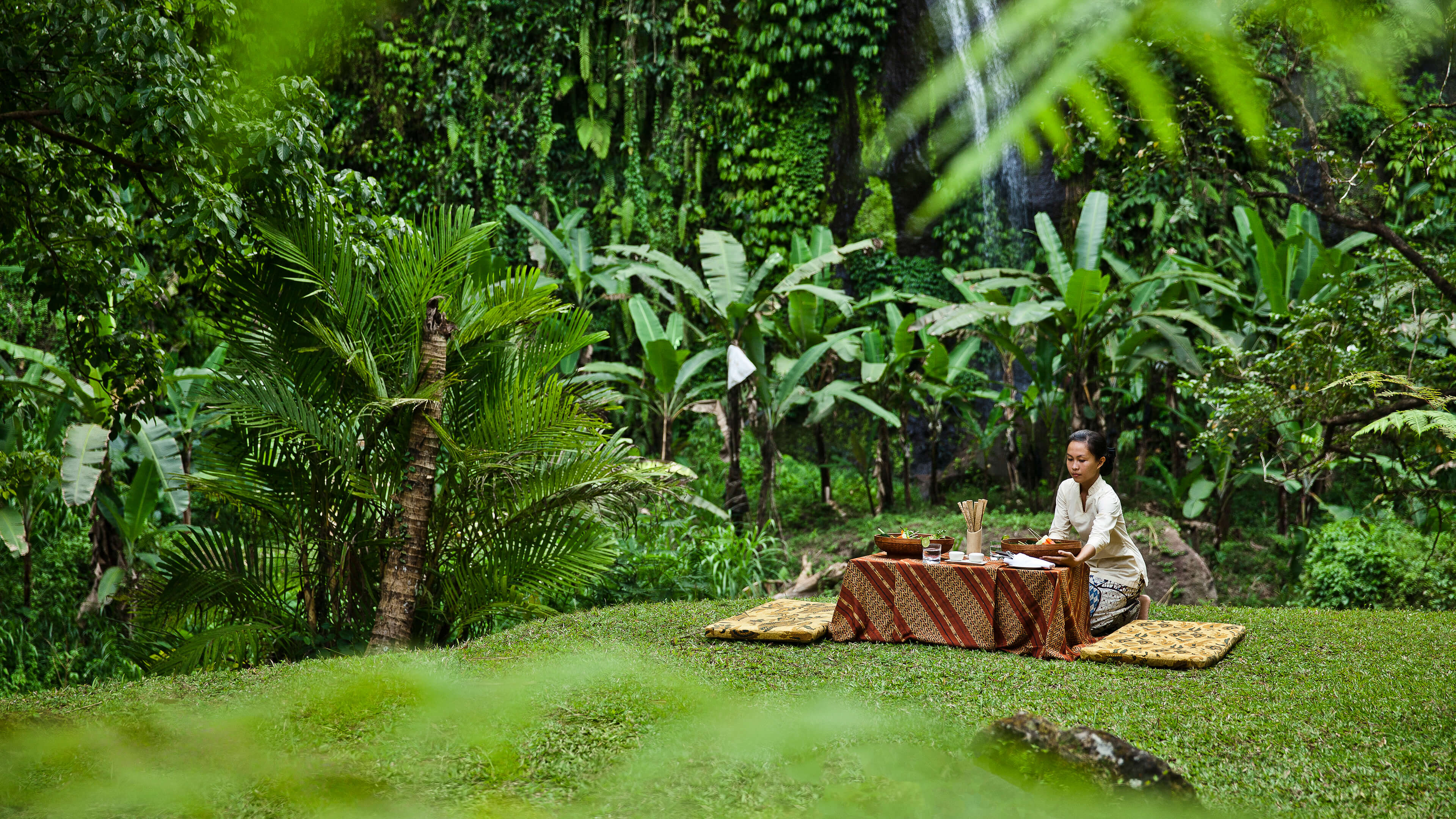 A Person Sitting On A Bench In A Tropical Area